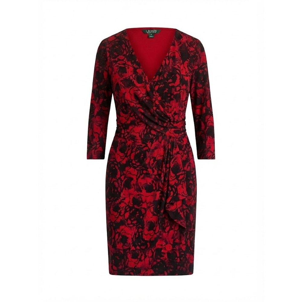 Lauren Ralph Lauren Dress Womens 10 Red Black Floral Jersey Wrap Cocktail